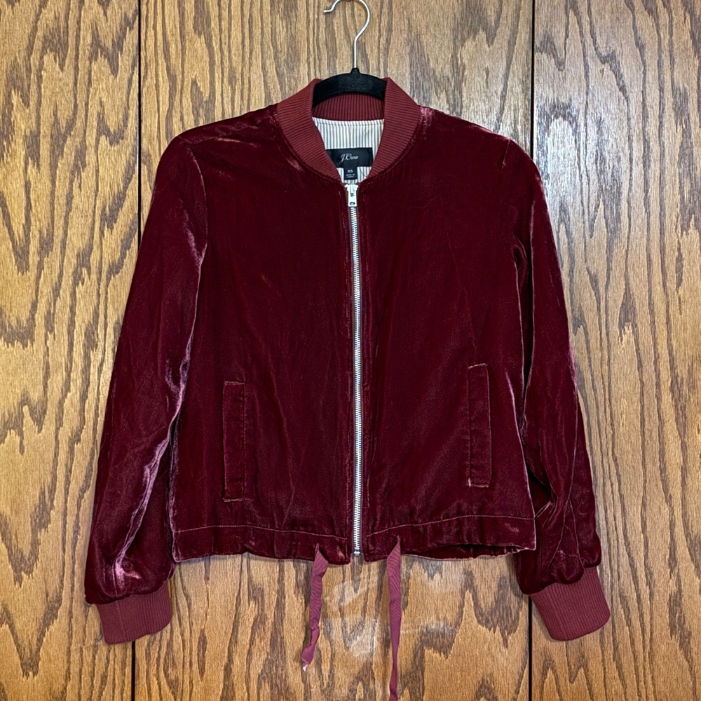J.Crew Burgundy Velvet Bomber Jacket Cropped Zip Women XS Style J4973